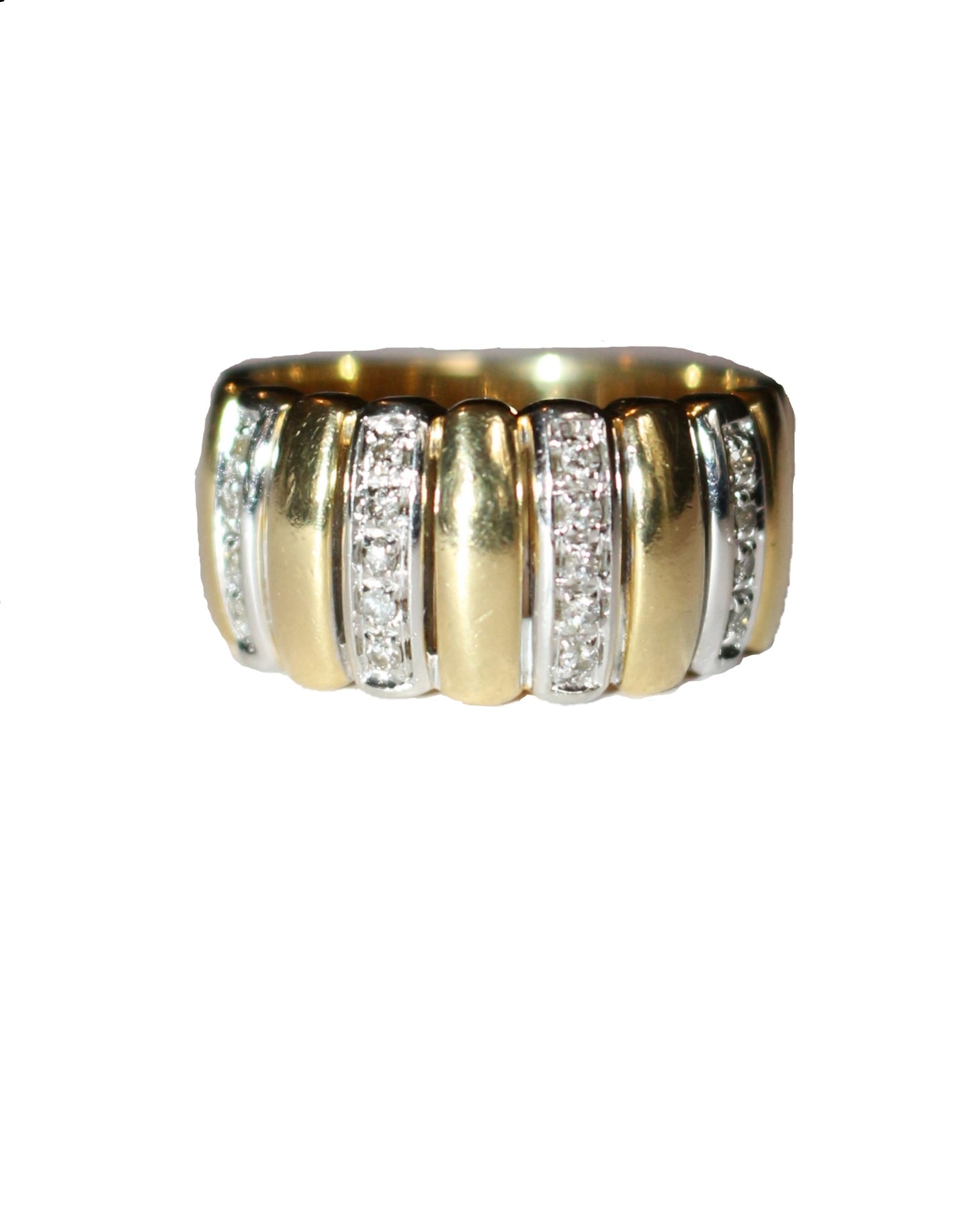 Bague bandeau godronnée deux ors et diamants