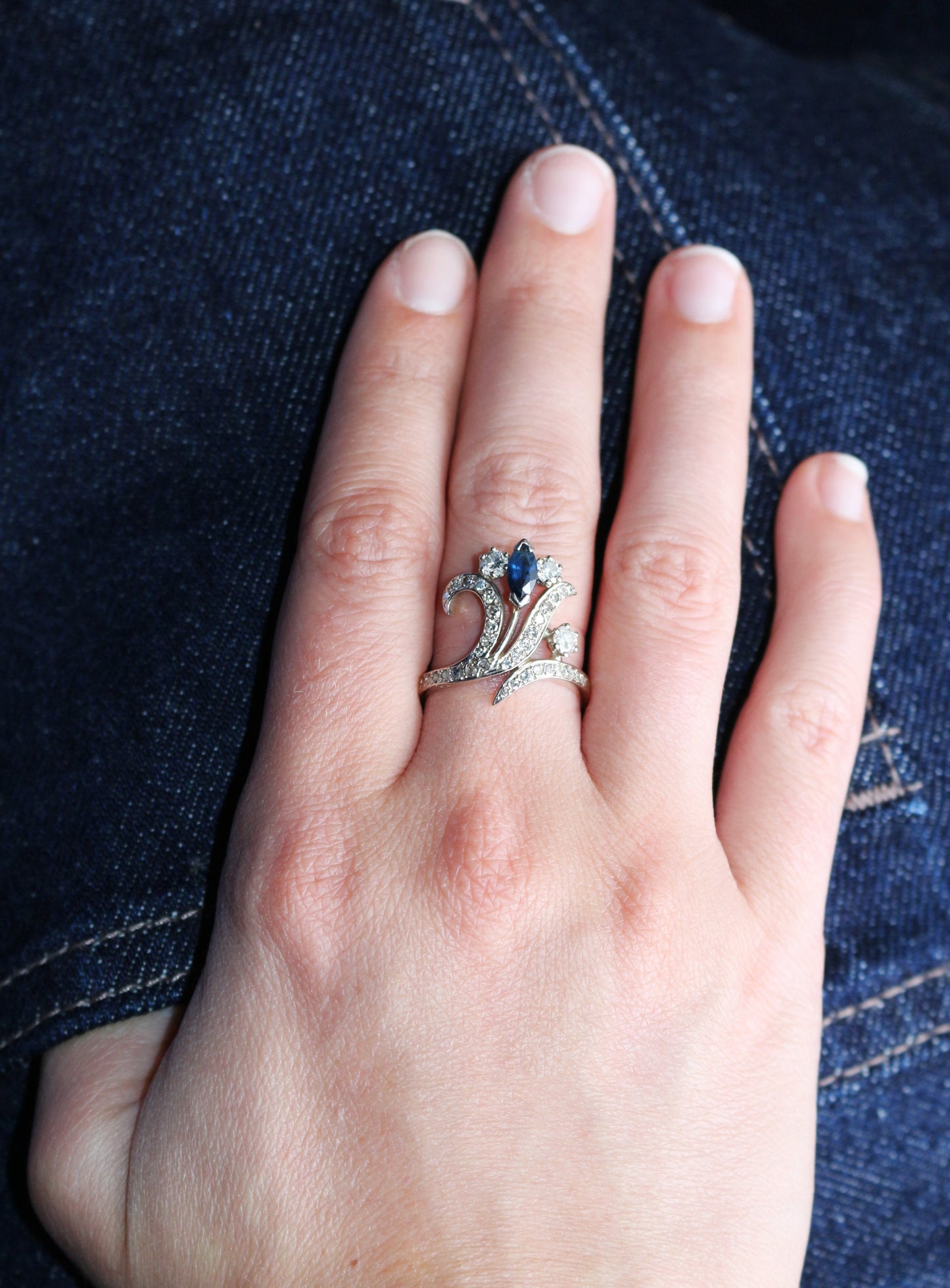 Bague Aigrette Diamants Saphir  deux ors
