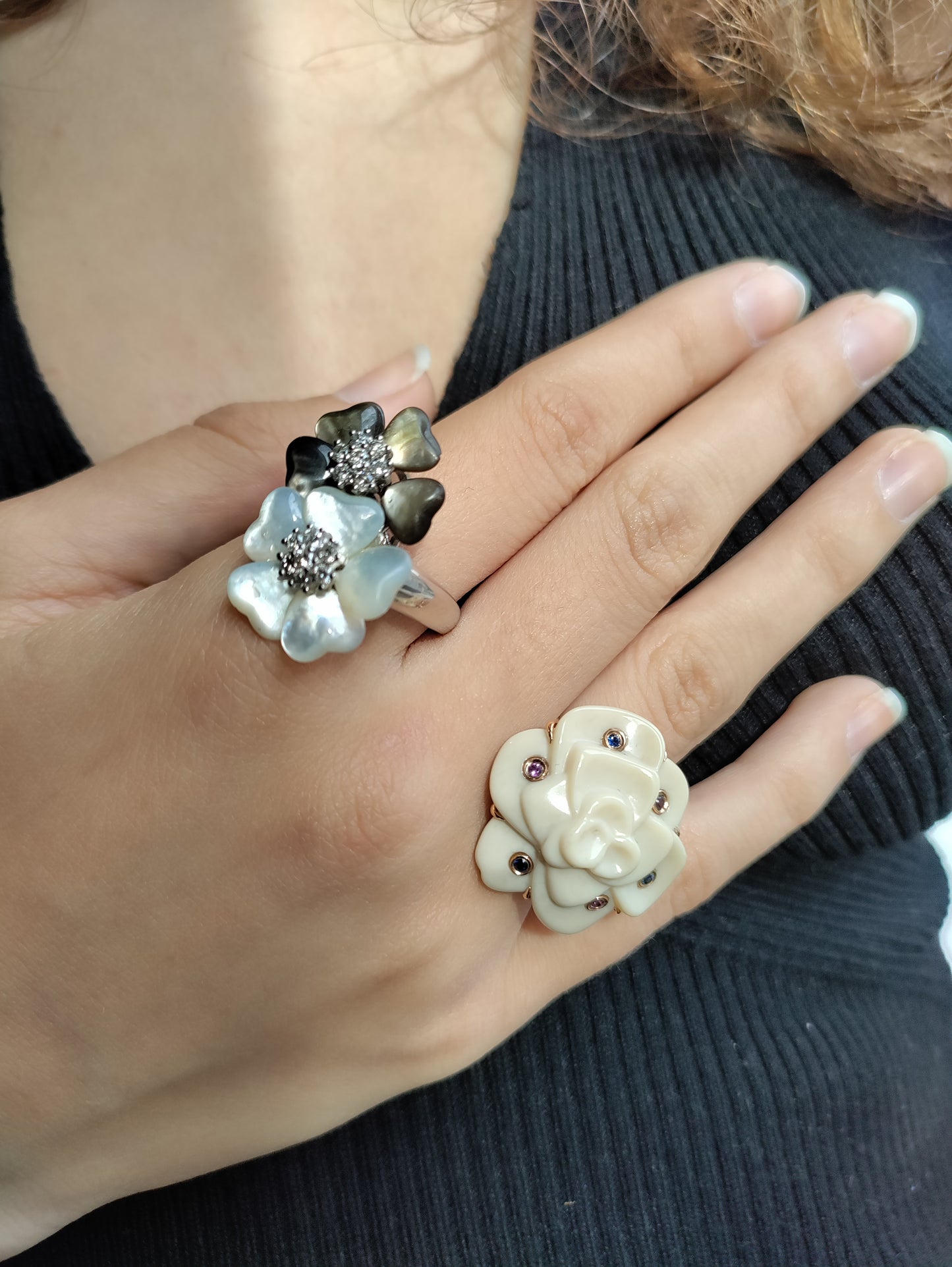 Bague Double Fleur nacre et diamants
