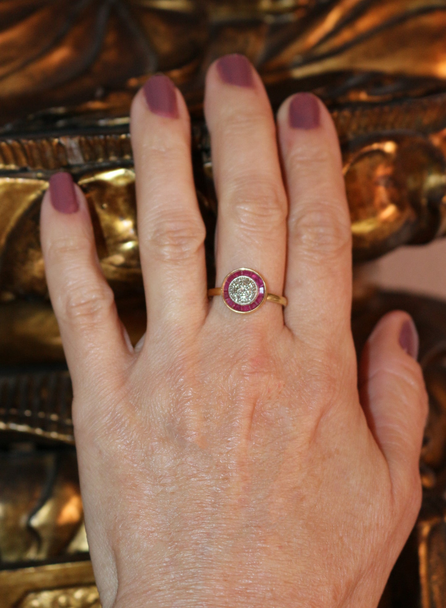 Bague Art Déco Ronde Rubis Et Diamants Roses
