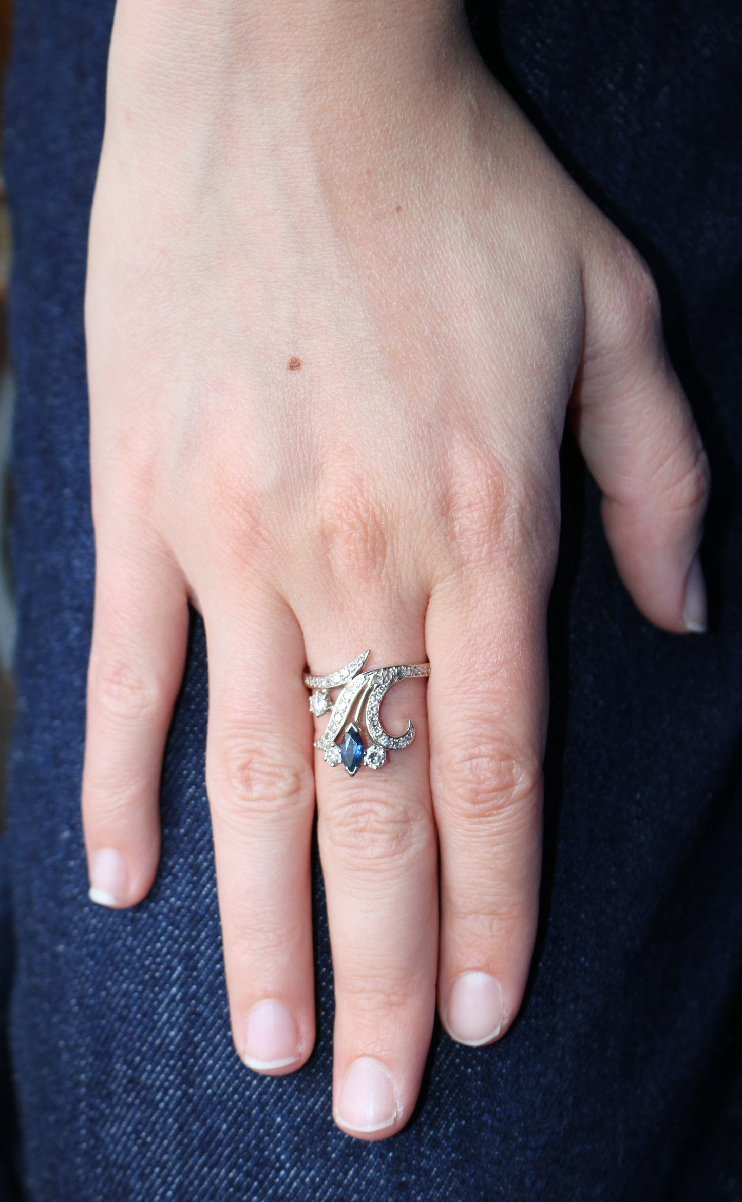 Bague Aigrette Diamants Saphir  deux ors