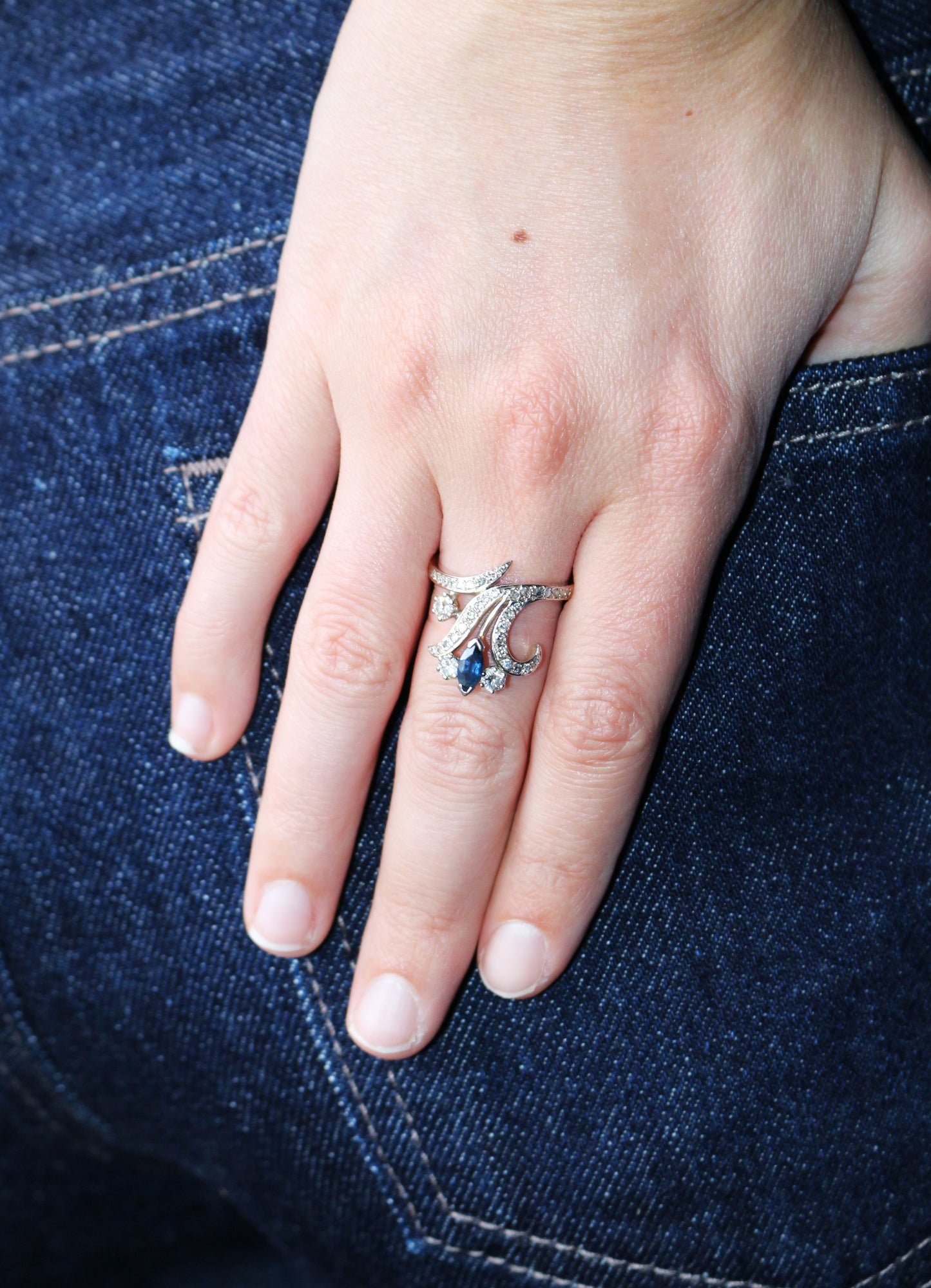 Bague Aigrette Diamants Saphir  deux ors