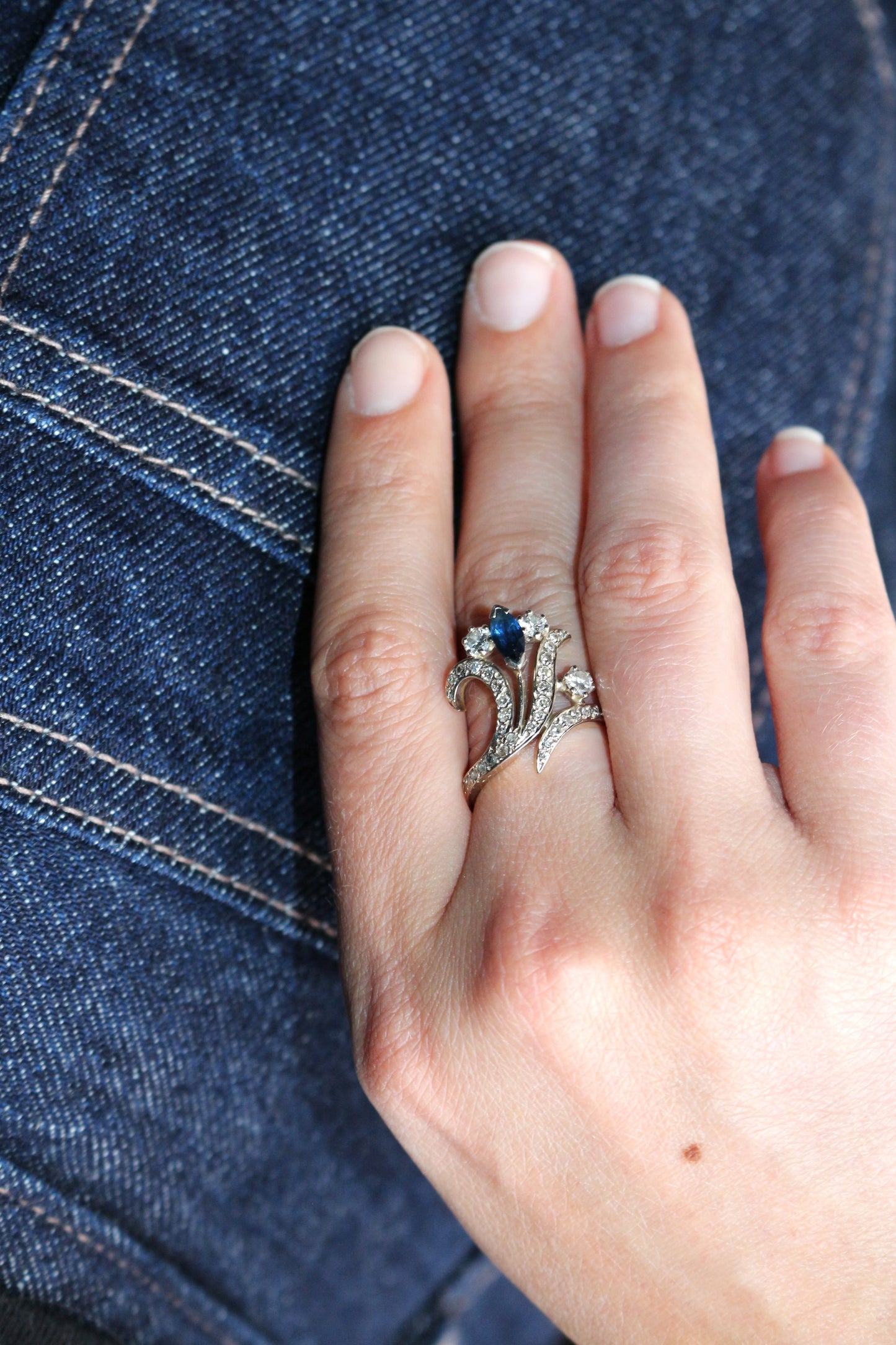 Bague Aigrette Diamants Saphir  deux ors