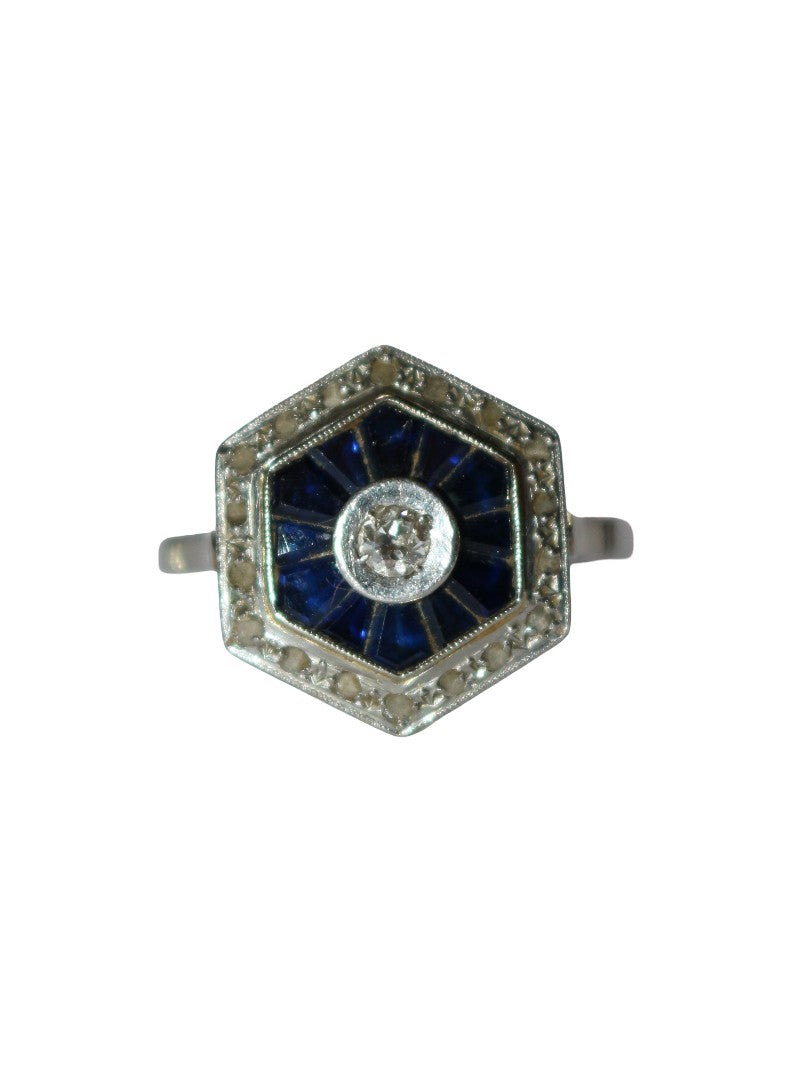 Bague Hexagonale Art Déco Diamants Saphirs