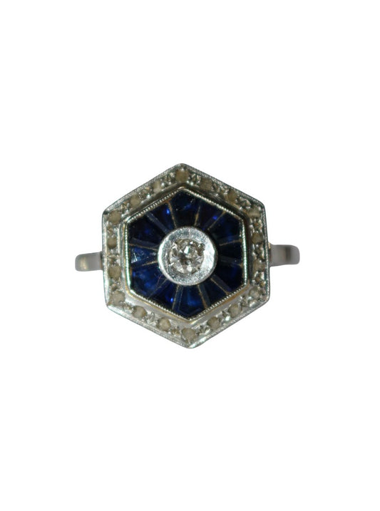 Bague Hexagonale Art Déco Diamants Saphirs