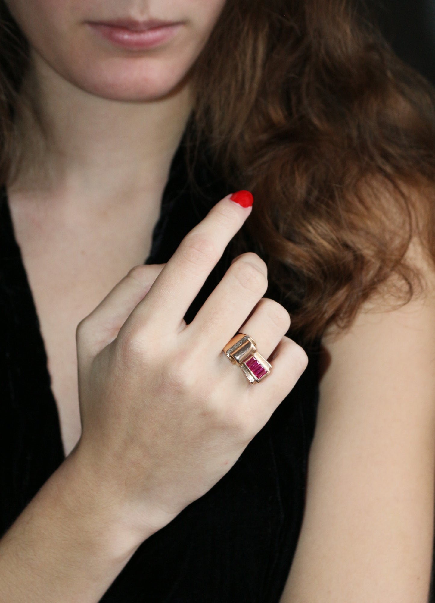 Bague Tank Or Jaune Et Pierres Rouges