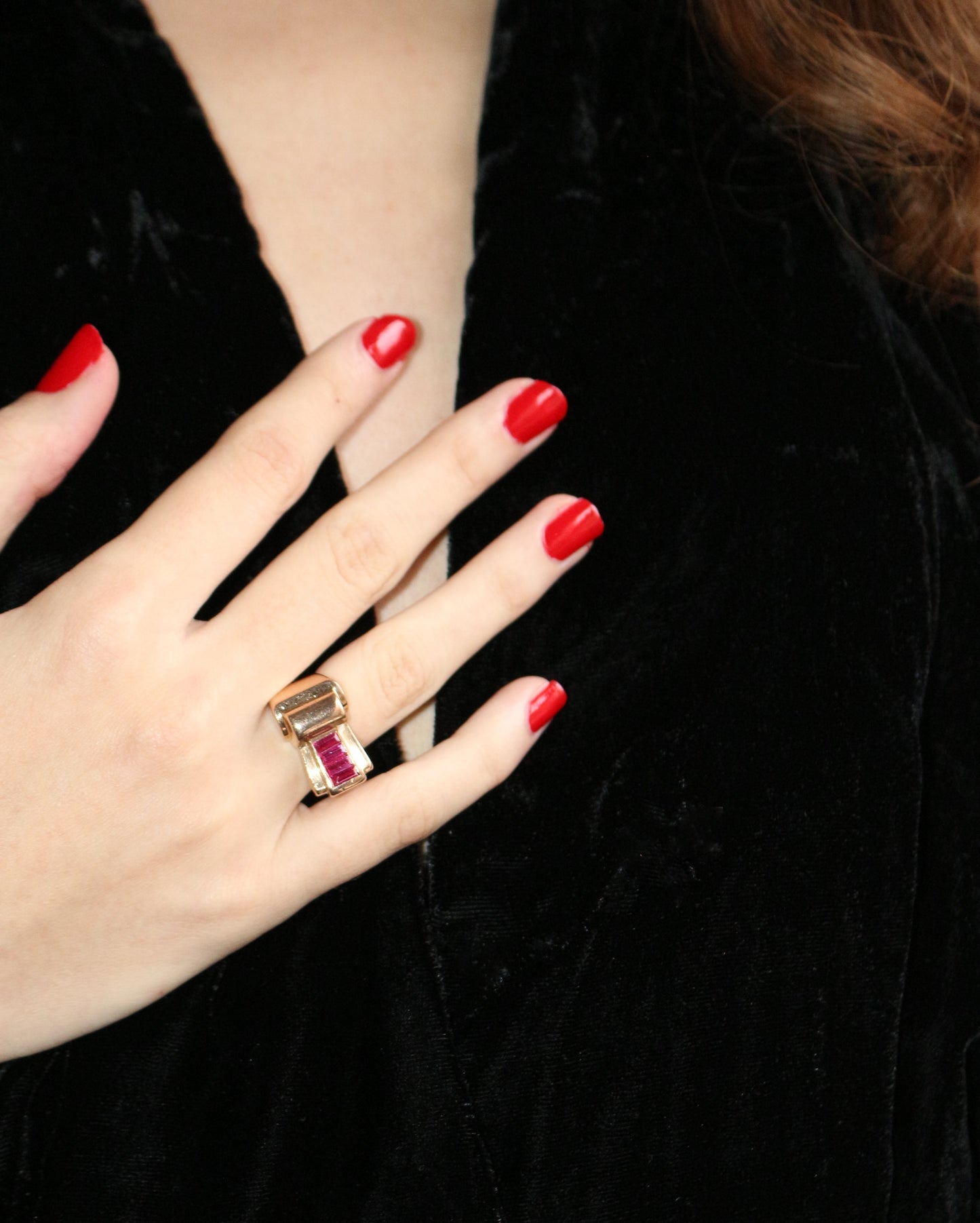 Bague Tank Or Jaune Et Pierres Rouges