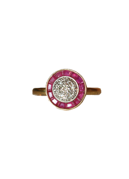 Bague Art Déco Ronde Rubis Et Diamants Roses