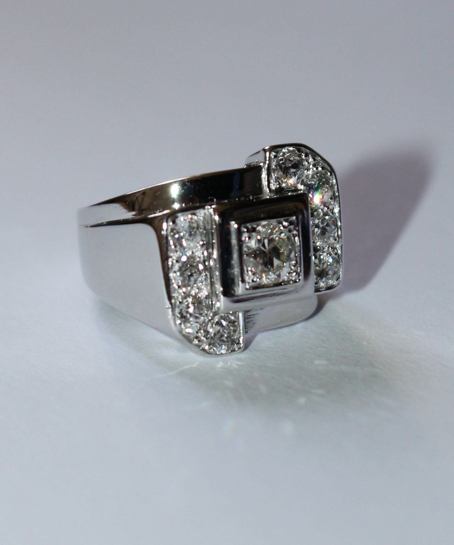 Bague Chevalière Art Déco Or Platine Diamants