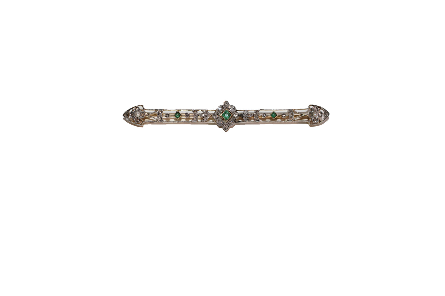 Broche barrette émeraudes, Perles, Diamants