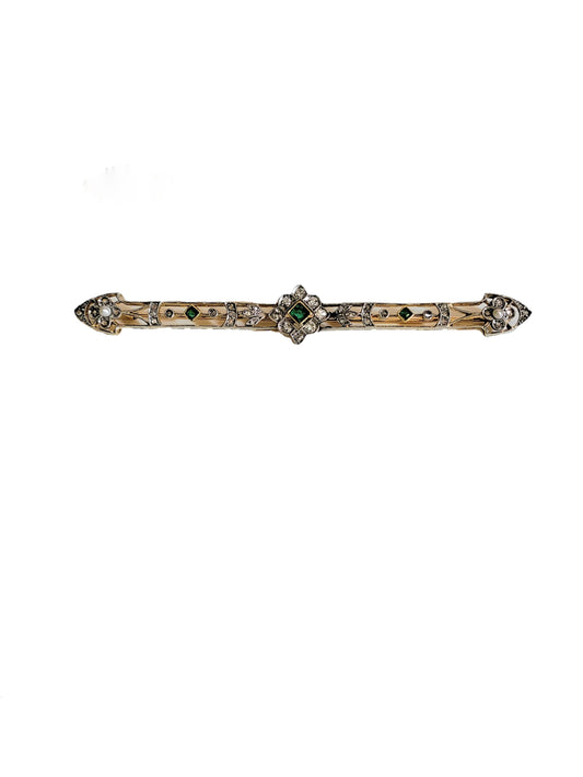 Broche barrette émeraudes, Perles, Diamants
