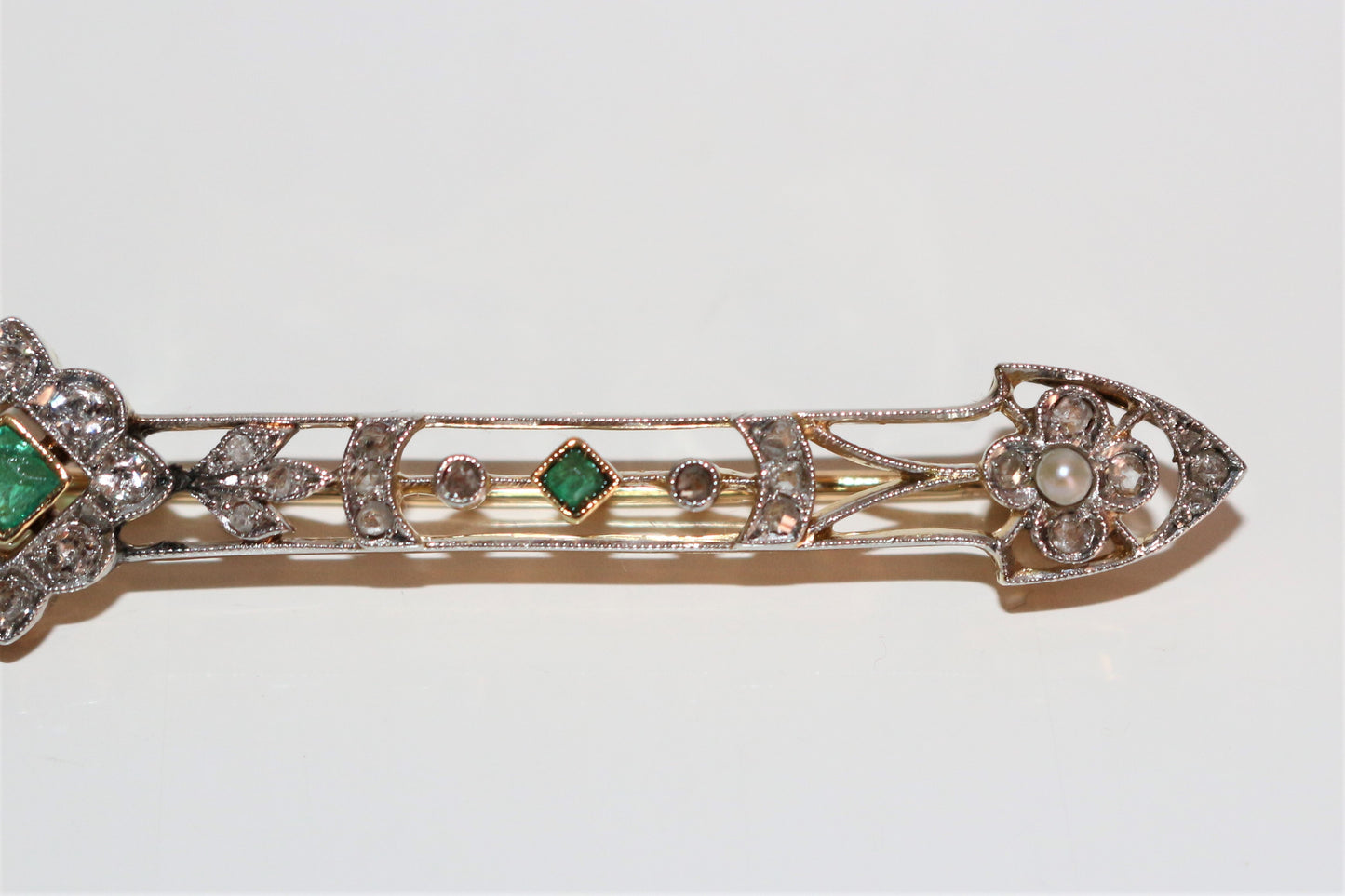 Broche barrette émeraudes, Perles, Diamants