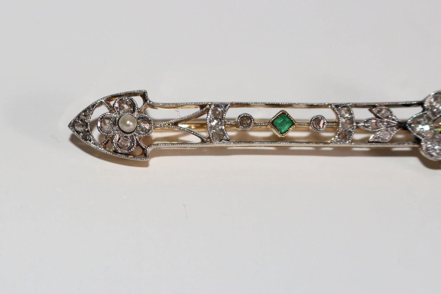 Broche barrette émeraudes, Perles, Diamants