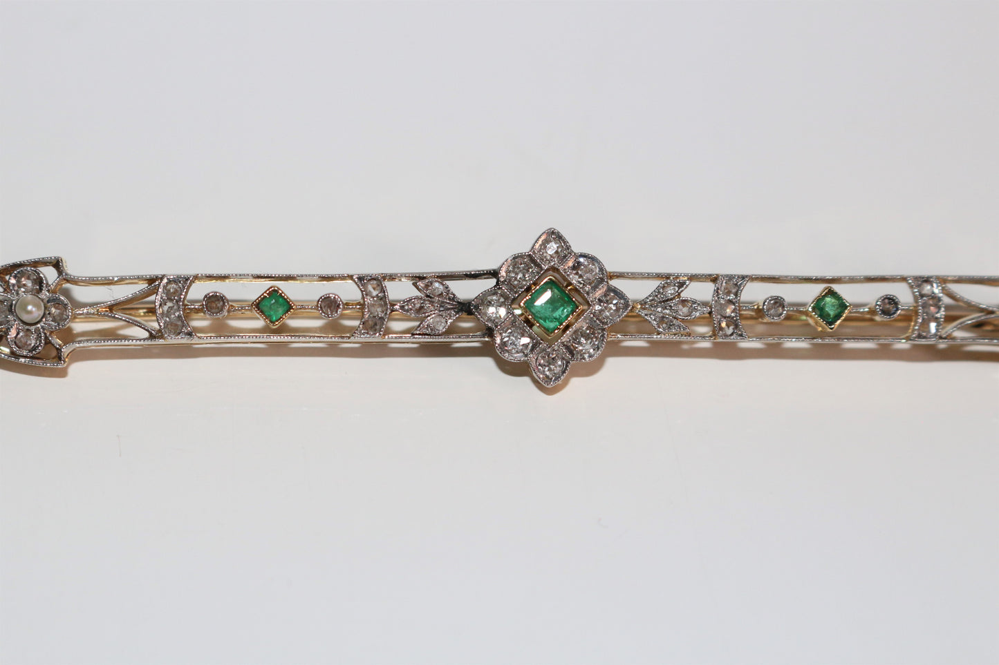 Broche barrette émeraudes, Perles, Diamants