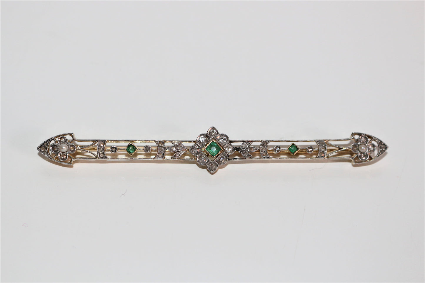 Broche barrette émeraudes, Perles, Diamants