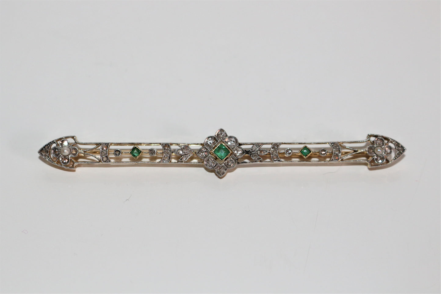 Broche barrette émeraudes, Perles, Diamants