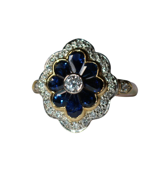 Bague Fleur diamants saphirs or jaune