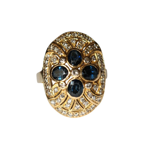 Bague ovale or jaune saphirs et diamants